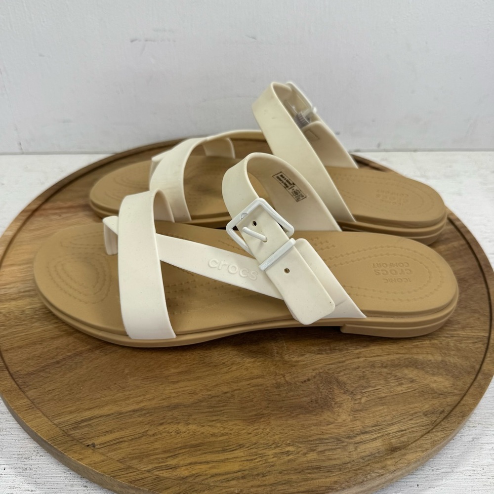 CROCS Tulum Toe Post Womens Size 9 Beige Cream Thong Slip On Sandals